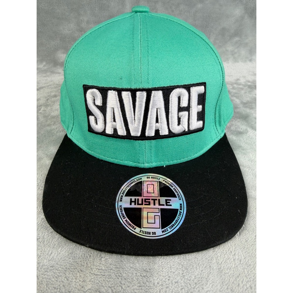 OG Hustle Snapback Hat Youth OSFM Teal Black Excellent Savage Embroidered Cap